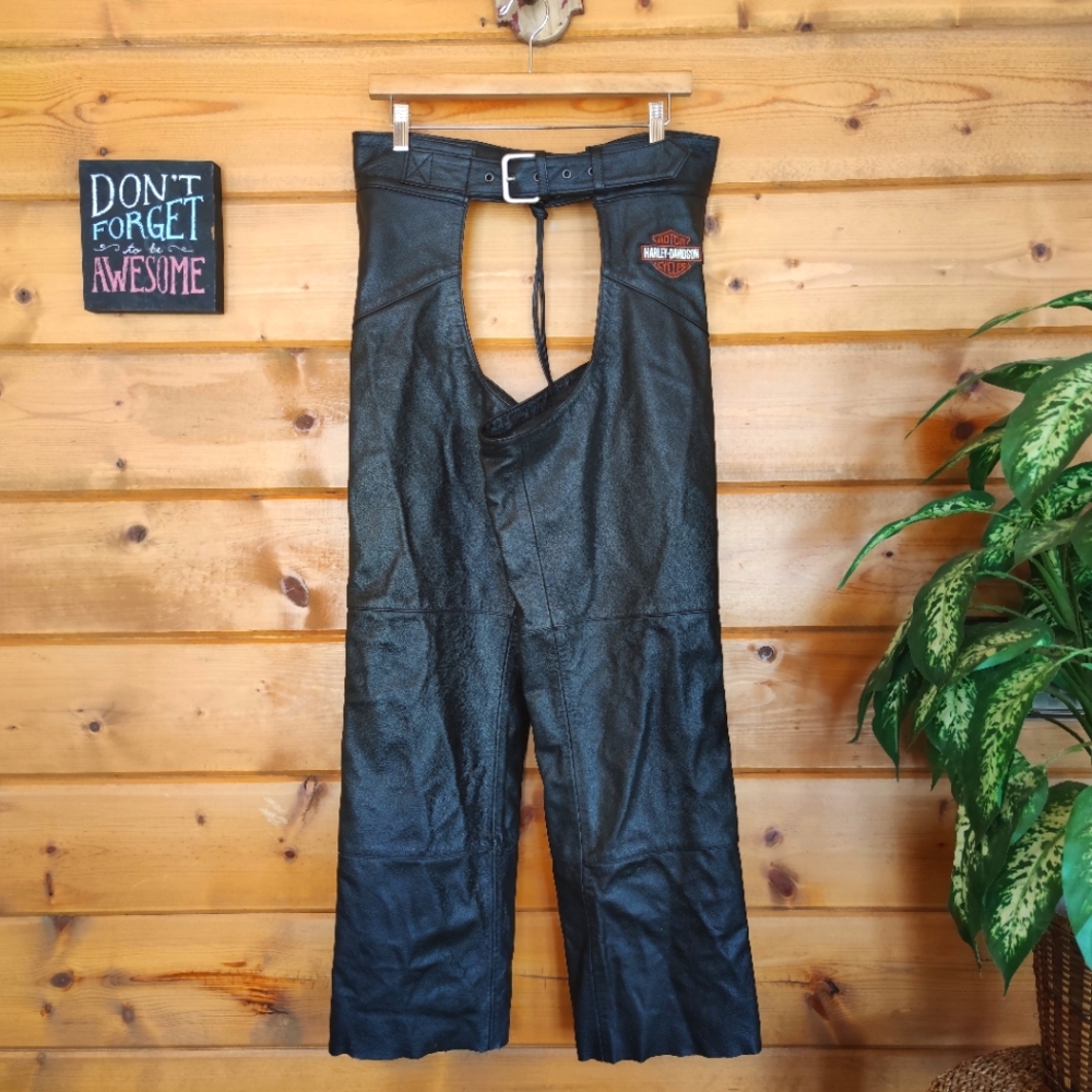 Harley-Davidson 💙 Bar & Shield Black Stock Leather Chaps Motorcycle Biker M X30